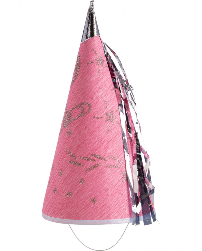 Cappello a cono in carta rosa con decorazioni e frange Cappello a cono in carta rosa con decorazioni e frange