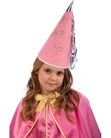 Cone hat in pink paper with silver decorations and fringes for