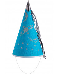 Cone hat in light blue paper with silver decorations and
