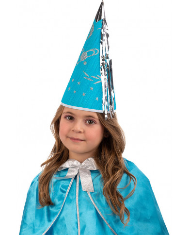Cone hat in light blue paper with silver decorations and