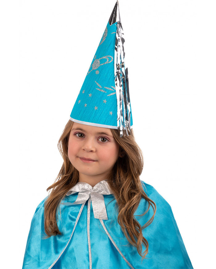 Cone hat in light blue paper with silver decorations and