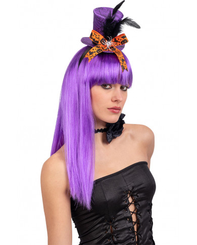 Purple mini top hat with spider, bow and feathers, high cm.9,5 Purple mini top hat with spider, bow and feathers, high cm.9,5