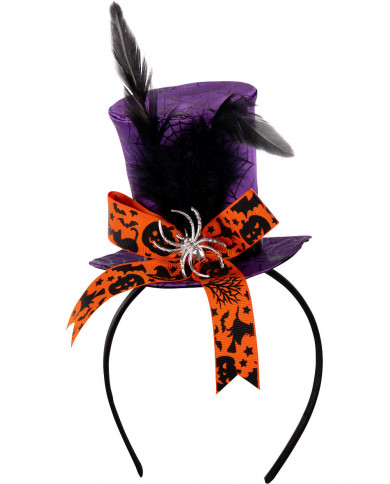 Purple mini top hat with spider, bow and feathers, high cm.9,5 Purple mini top hat with spider, bow and feathers, high cm.9,5