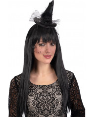 Mini cappello da strega nero con veletta e decorazioni, alto Mini cappello da strega nero con veletta e decorazioni, alto