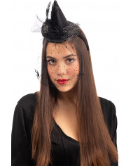 Mini black witch hat with veil and decorations, high cm.8