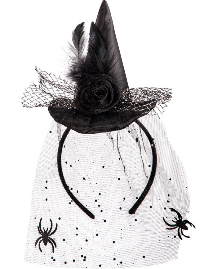 Cappellino strega nero con decorazioni e velo con cerc. h.cm.8 circa