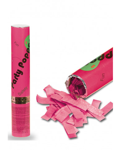 Cañón de confeti de aire comprimido rosa de unos 30 cm de alto en Cañón de confeti de aire comprimido rosa de unos 30 cm de alto en