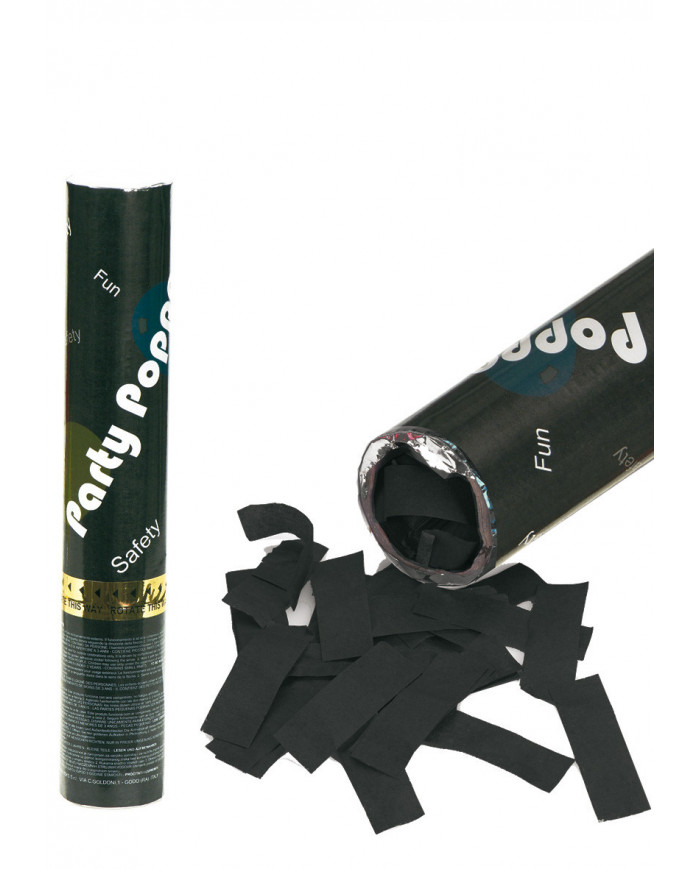 Canon à confettis noir à air comprimé, hauteur 30 cm environ sur un