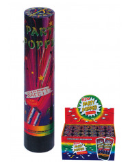 Cañón de confeti con muelle de unos 20 cm de alto en expositor