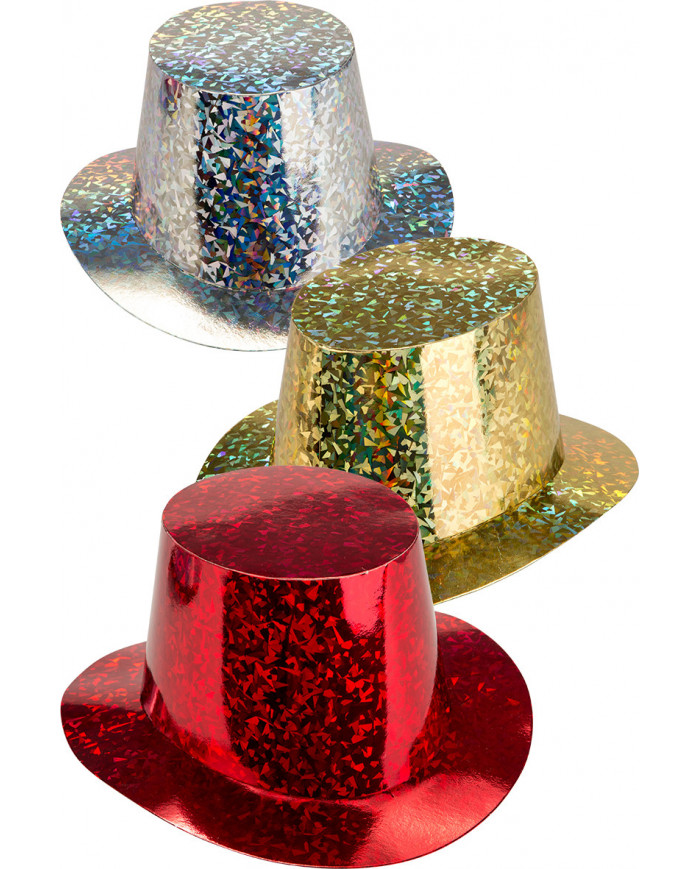 Top hats in metallic paper with holograms in assorted colors
