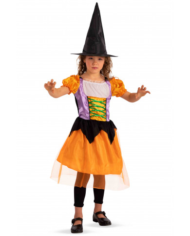 Orange witch costume for kid composed of satin and veil dress