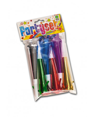 6 metallisierte Trompeten L. ca. 18 cm in Beutel mit Aufhänger