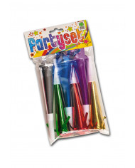 6 metallisierte Trompeten L. ca. 18 cm in Beutel mit Aufhänger