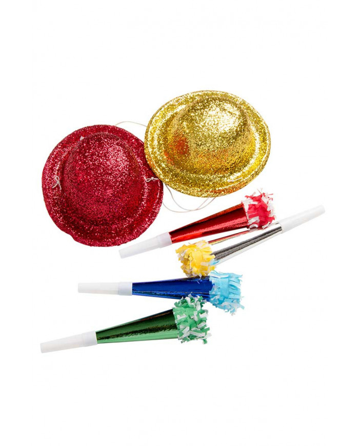 Party Set (4 Glittered Mini-Hats,4 Metallic Horns) In Pbh