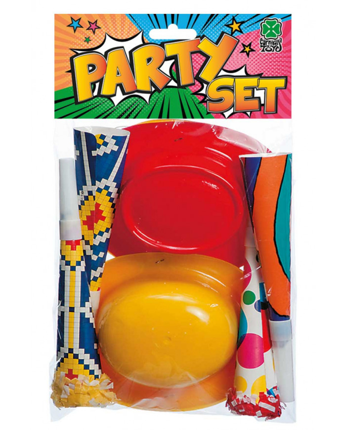 Set fiesta (4 gorras y 4 trompetas) en bolsa con solapa de cartón