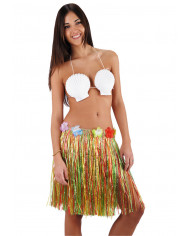 Falda Hawaii multicolor de unos 45 cm de largo con flores en bolsa