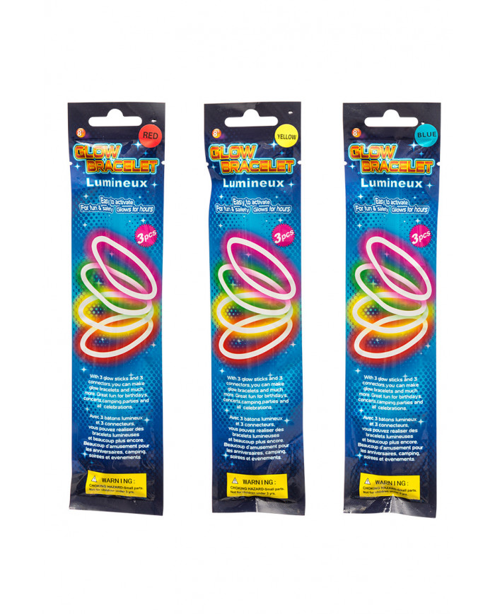 3 bracelets which glow in the dark in the assorted colors: red