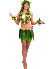 Hawaiian skirt with green leaves and multicolor flowers in