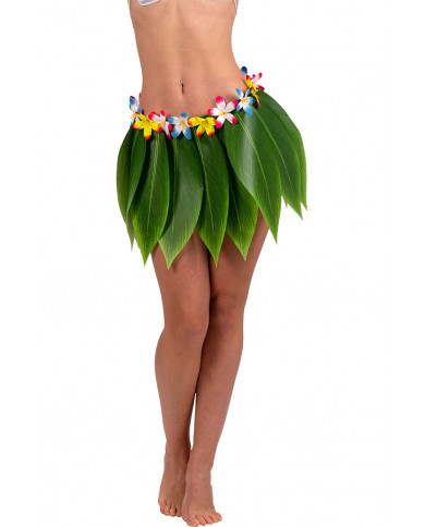 Hawaiian skirt with green leaves and multicolor flowers in