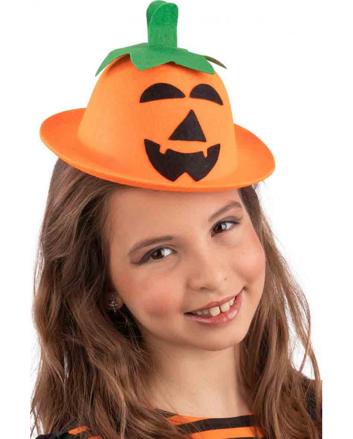 Orange mini pumpkin bowler hat with black eyes, nose and mouth.