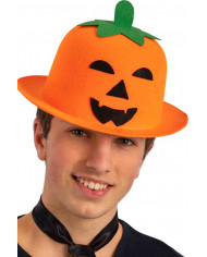 Orange mini pumpkin bowler hat with black eyes, nose and mouth. Orange mini pumpkin bowler hat with black eyes, nose and mouth.