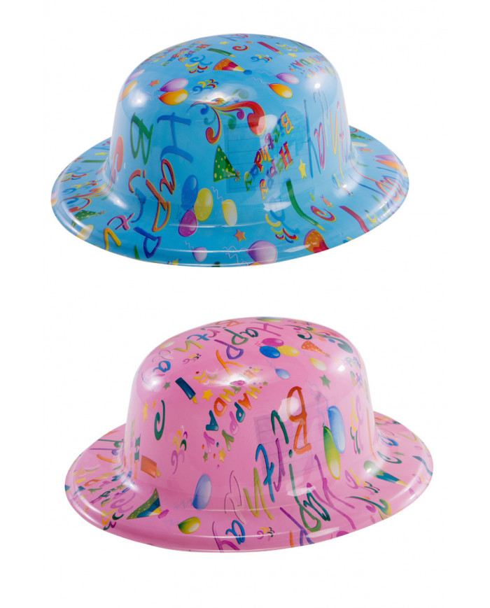 HAPPY BIRTHDAY plastic bowler hat in assorted colors, for a HAPPY BIRTHDAY plastic bowler hat in assorted colors, for a
