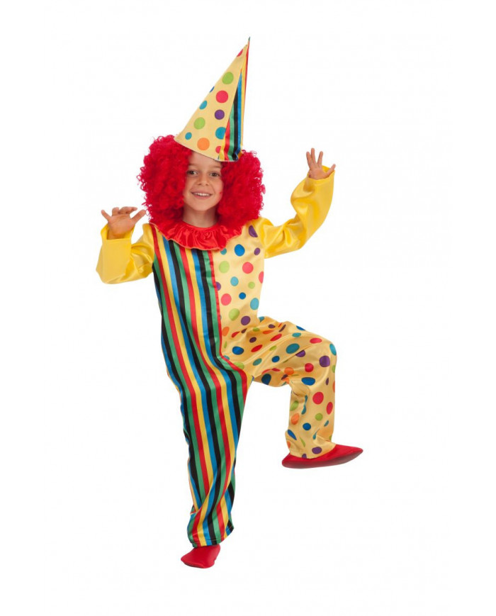 Clown costume for kid with multicolor satin jumpsuit, hat, one Clown costume for kid with multicolor satin jumpsuit, hat, one
