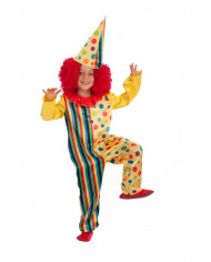 Clown costume for kid with multicolor satin jumpsuit, hat, one Clown costume for kid with multicolor satin jumpsuit, hat, one