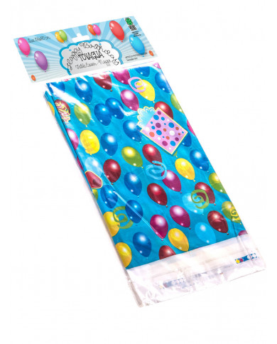 Blue tablecloth with colorful balloons and gift packs, for