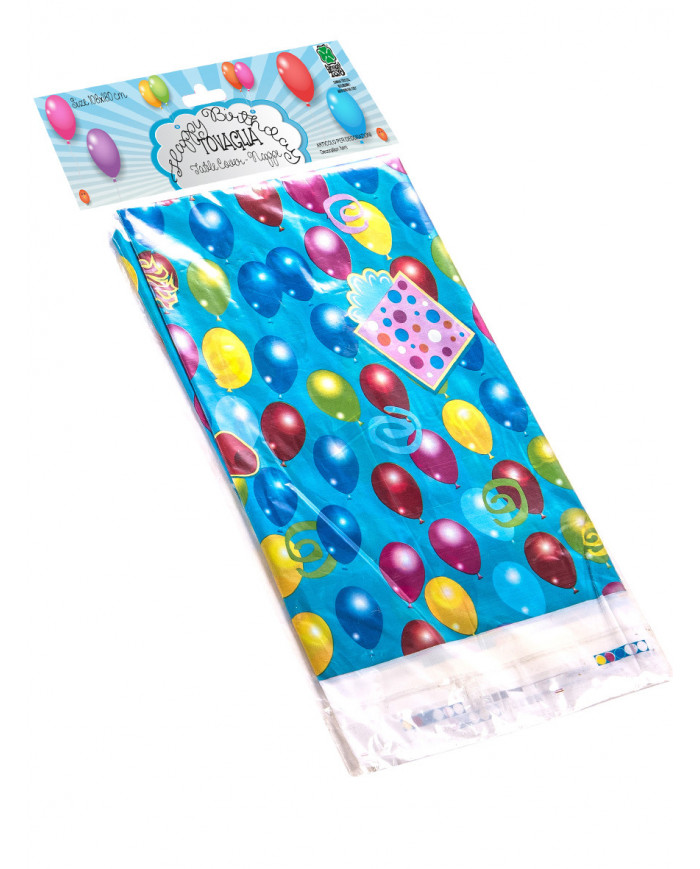Blue tablecloth with colorful balloons and gift packs, for