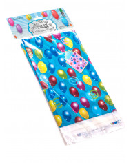 Blue tablecloth with colorful balloons and gift packs, for