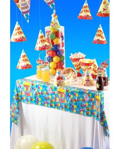 Blue tablecloth with colorful balloons and gift packs, for