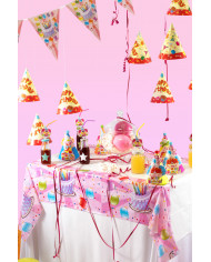 Pink tablecloth with colorful balloons and cakes, for setting