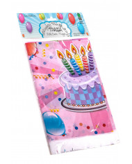 Pink tablecloth with colorful balloons and cakes, for setting Pink tablecloth with colorful balloons and cakes, for setting