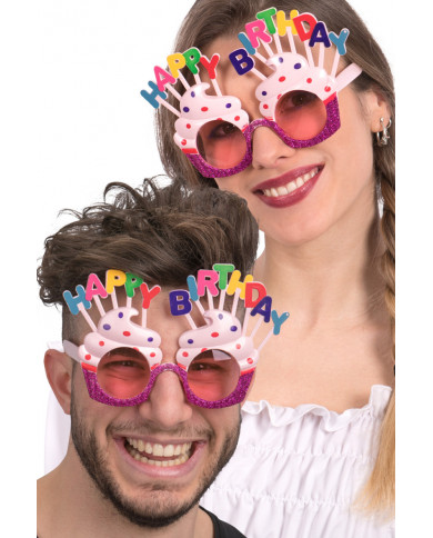 Plastic HAPPY BIRTHDAY eyeglasses with pink lenses and glitter Plastic HAPPY BIRTHDAY eyeglasses with pink lenses and glitter