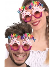 Plastic HAPPY BIRTHDAY eyeglasses with pink lenses and glitter