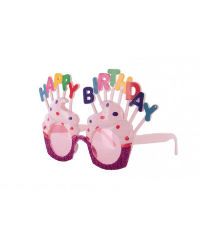 Plastic HAPPY BIRTHDAY eyeglasses with pink lenses and glitter Plastic HAPPY BIRTHDAY eyeglasses with pink lenses and glitter