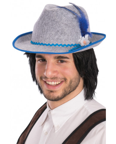 Bavarian grey felt hat with white flower and blue decorations
