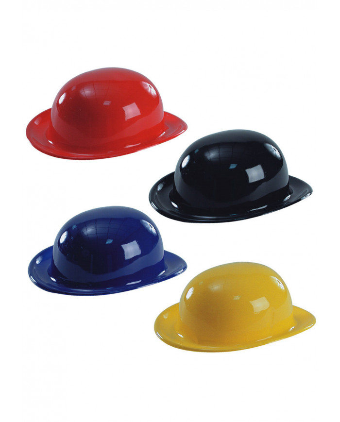 Chapeau melon en plastique couleurs assorties avec étiquette volante Chapeau melon en plastique couleurs assorties avec étiquette volante