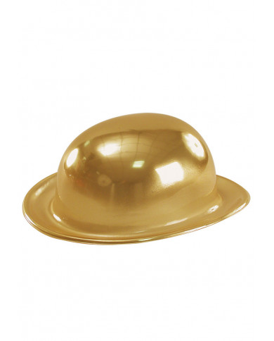 Chapeau melon doré métallisé en plastique avec étiquette volante / Chapeau melon doré métallisé en plastique avec étiquette volante /
