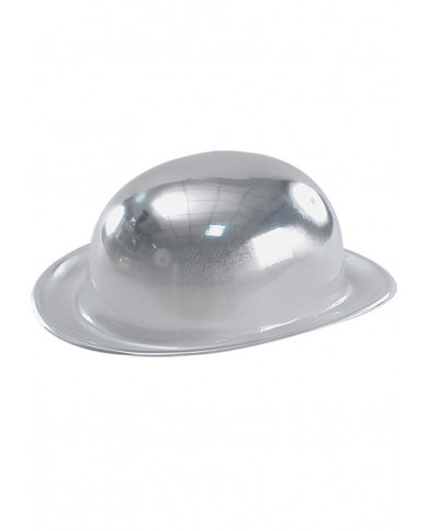 Chapeau melon argenté métallisé en plastique avec étiquette volante / Chapeau melon argenté métallisé en plastique avec étiquette volante /