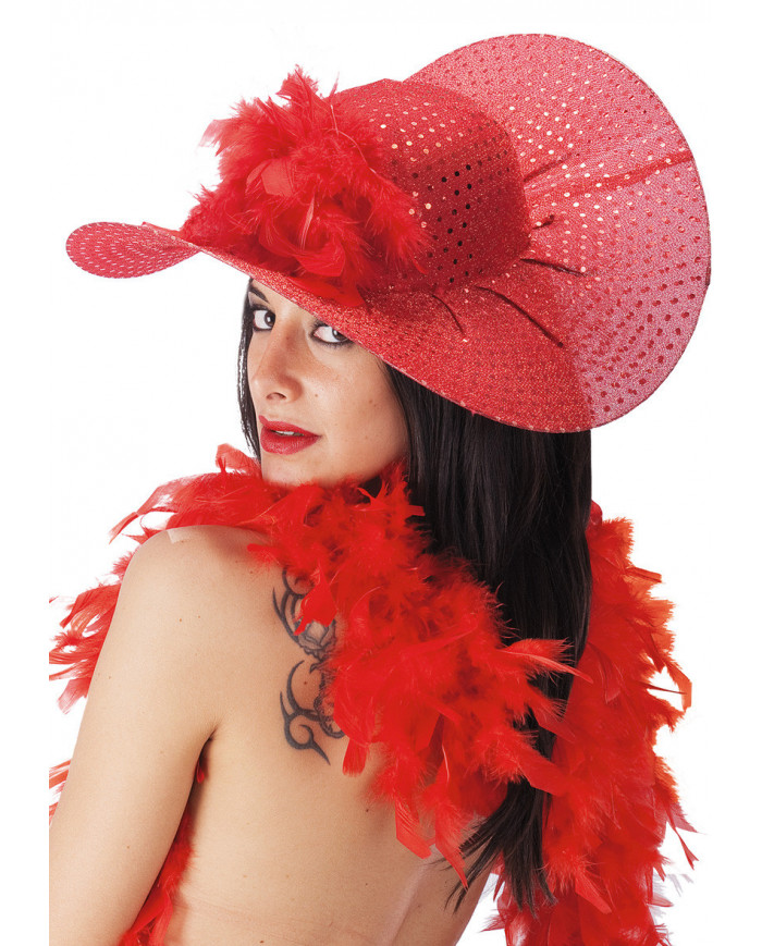Lady Red Sequin Hat With Feathers