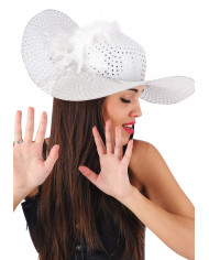 Sombrero dama blanco con lentejuelas y plumas con etiqueta