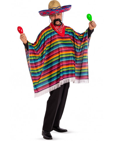 Colorful Mexican poncho in striped fabric with fringes, wide