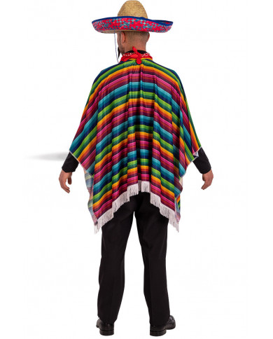 Colorful Mexican poncho in striped fabric with fringes, wide