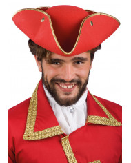 Roter Dreispitz-Hut aus Filz mit goldfarbener kleiner Borte