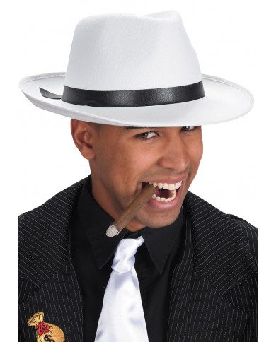 Sombrero gángster blanco de fieltro (talla adulto) con etiqueta Sombrero gángster blanco de fieltro (talla adulto) con etiqueta
