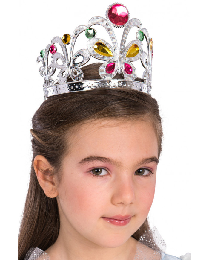 Beautiful plastic silver crown with colorful stones to feel