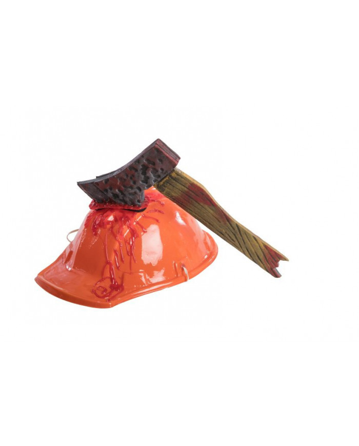 Workman hat with axe, ideal for horror and Halloween disguises.