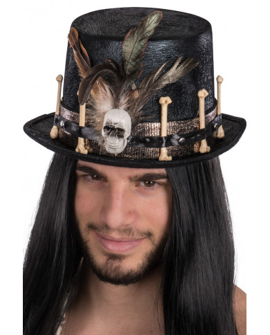 Velvet top hat with bones, skull and feather, high cm.13, ideal
